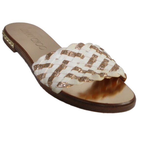 Jimmy Choo White Gold Weave Open Toe Slide Mule Sandal, Size 36.5 (US 6.5) - Picture 2 of 8